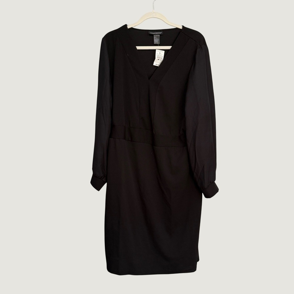 Ashley Stewart Black V-Neck Sheer Long Sleeve Dress Plus Size 22/24 NWT